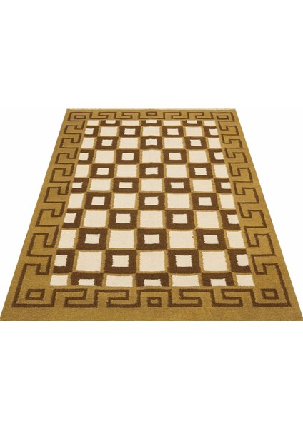 Kilim Kahverengi Geometrik Yün ve Pamuk Kilim Oda Salon Halısı