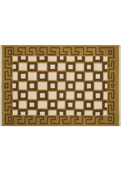 Kilim Kahverengi Geometrik Yün ve Pamuk Kilim Oda Salon Halısı