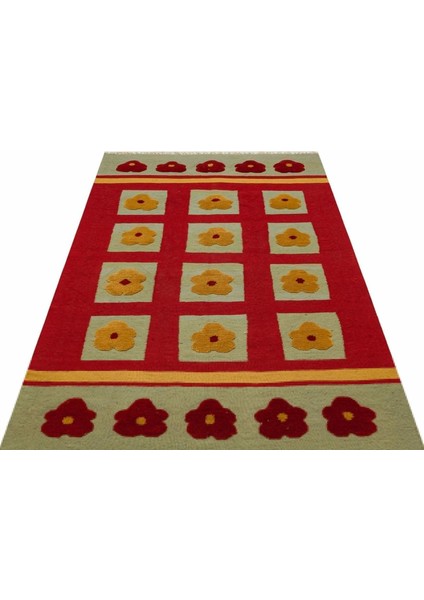 Kilim Kırmızı Çiçekli Yün ve Pamuk Kilim Oda Salon Halısı
