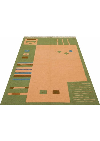 Kilim Yeşil Geometrik Yün ve Pamuk Kilim Oda Salon Halısı