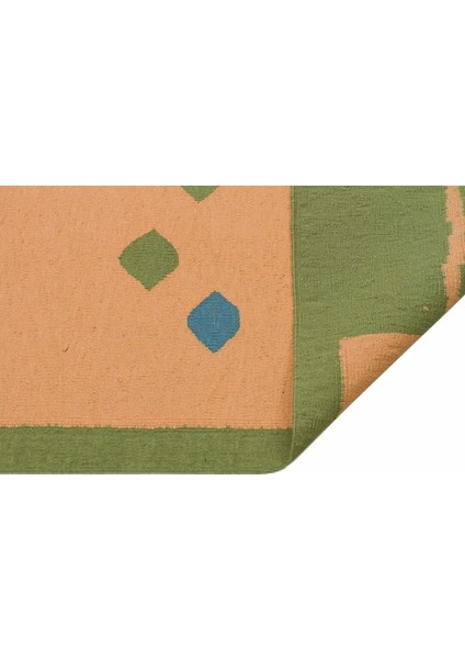Kilim Yeşil Geometrik Yün ve Pamuk Kilim Oda Salon Halısı
