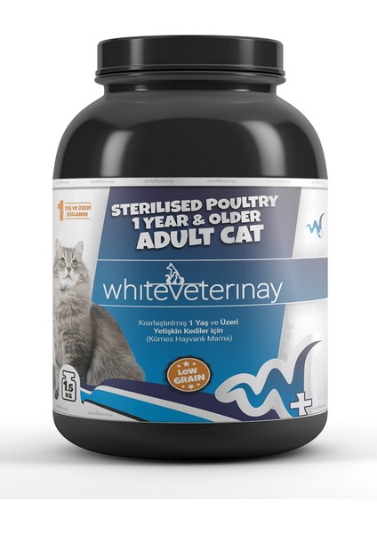 Whiteveterinay Az Tahıllı Kısırlaştırlmış Kümes Hayvanlı Kedi Maması 1,5 kg