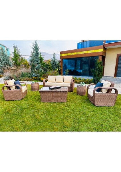 Monalin Home Garden 5 Kişilik Lord Lüks Rattan Örgü Bahçe & Balkon & Teras Oturma Grub Minderli & Camlı & Masalı Ekstra Lüks Takım