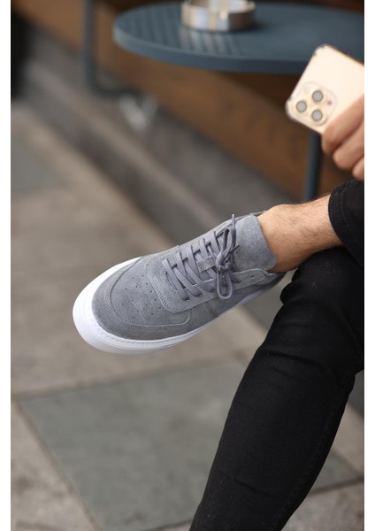 -Gri Süet Bağcıklı Sneakers Erkek Ayakkabı
