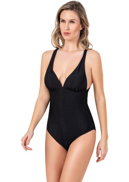 Kadın Yarım Dolgulu Dokulu Siyah Mayo