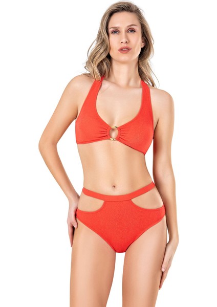 Kadın Aksesuarlı Cut Out Detaylı Nar Çiçeği Bikini Takımı