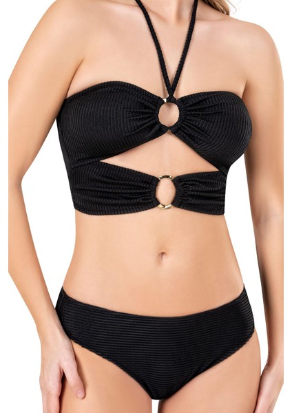 Kadın Halka Aksesuarlı Dokulu Siyah Bikini Takımı