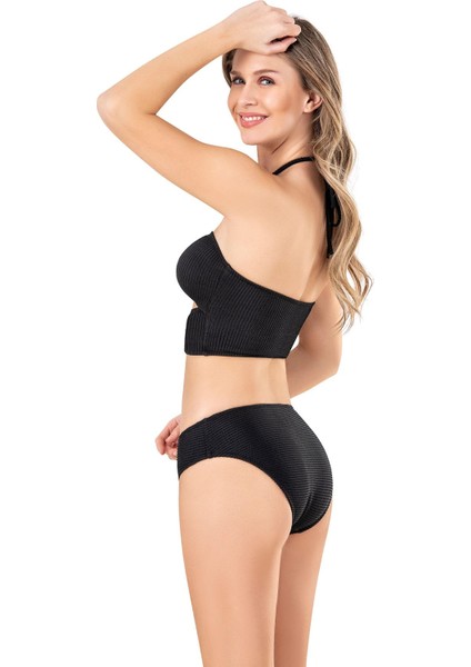Kadın Halka Aksesuarlı Dokulu Siyah Bikini Takımı
