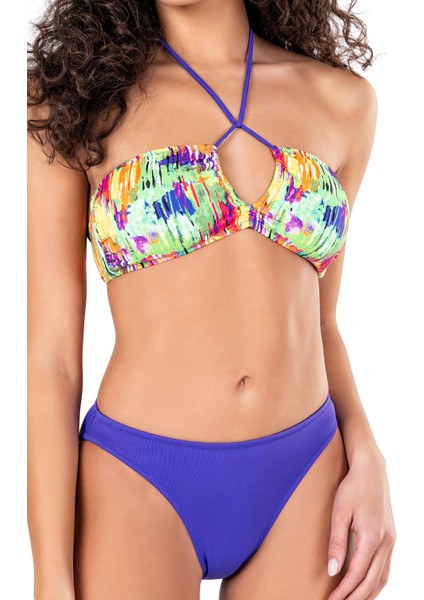 Kadın Boyundan Bağlamalı Desenli Mor Bikini Takımı