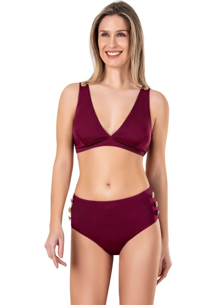 Kadın Yüksel Bel Düğme Aksesuarlı Bordo Bikini Takımı