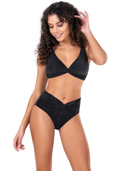 Kadın Yüksek Bel Siyah Simli Bikini Takımı