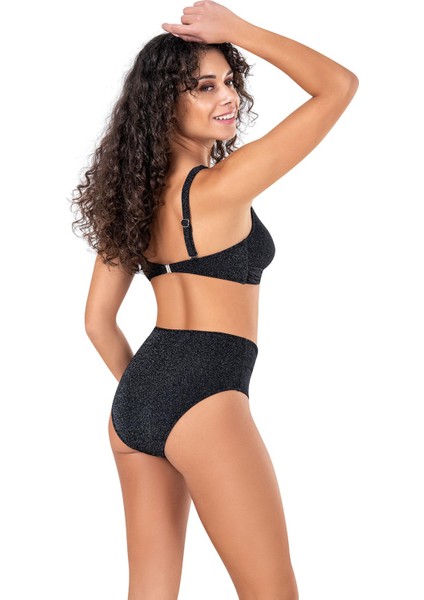 Kadın Yüksek Bel Siyah Simli Bikini Takımı modelleri