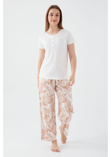 Button Leaf Detail Krem Kadın Kısa Kol Pijama Takım fiyatları