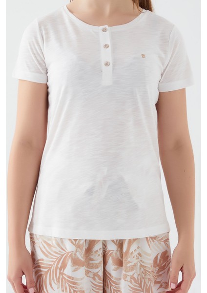 Button Leaf Detail Krem Kadın Kısa Kol Pijama Takım fırsatları