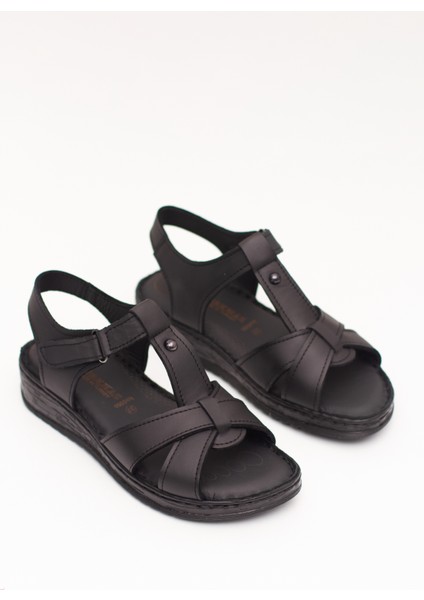 Kadın Siyah Deri Comfort Yumuşak Tabanlı Ortopedik Sandalet modelleri