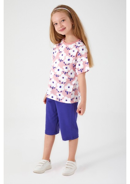 Flower Retro Pembe Kız Çocuk Kapri Takım