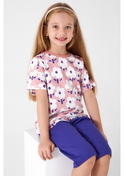 Flower Retro Pembe Kız Çocuk Kapri Takım modelleri