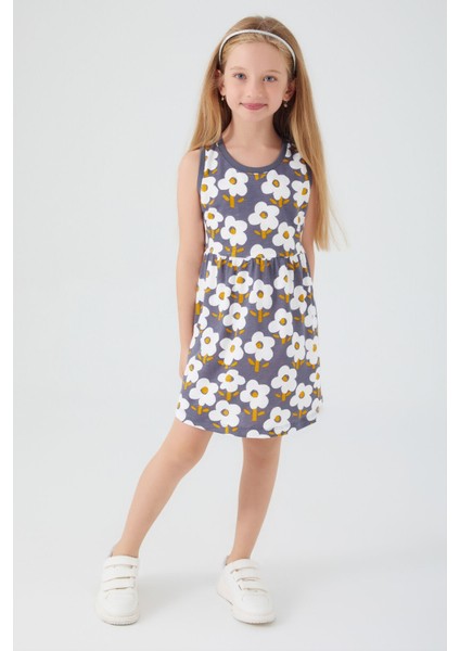 Florals Antrasit Kız Çocuk Elbise