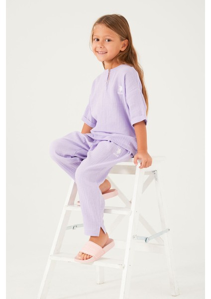 Thin Strip Lila Kız Çocuk Kısa Kol Pijama Takım