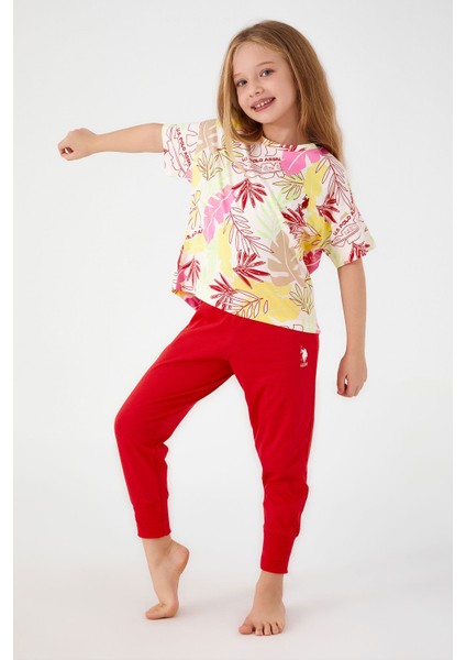 With Leaf Patterns Beyaz Kız Çocuk Kısa Kol Pijama Takım