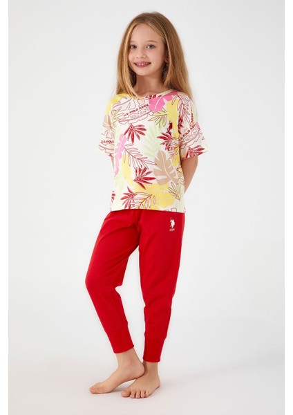 With Leaf Patterns Beyaz Kız Çocuk Kısa Kol Pijama Takım