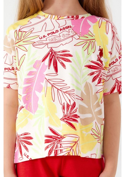 With Leaf Patterns Beyaz Kız Çocuk Kısa Kol Pijama Takım