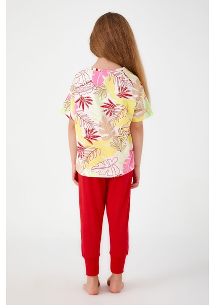 With Leaf Patterns Beyaz Kız Çocuk Kısa Kol Pijama Takım