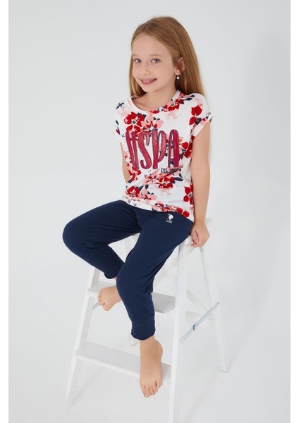 Floral Print Krem Kız Çocuk Kısa Kol Pijama Takım
