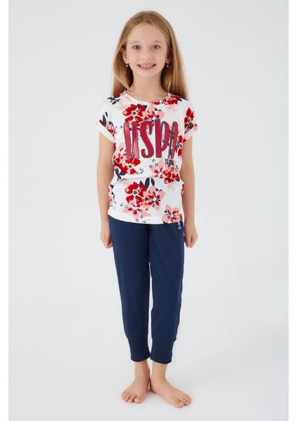 Floral Print Krem Kız Çocuk Kısa Kol Pijama Takım fiyatları