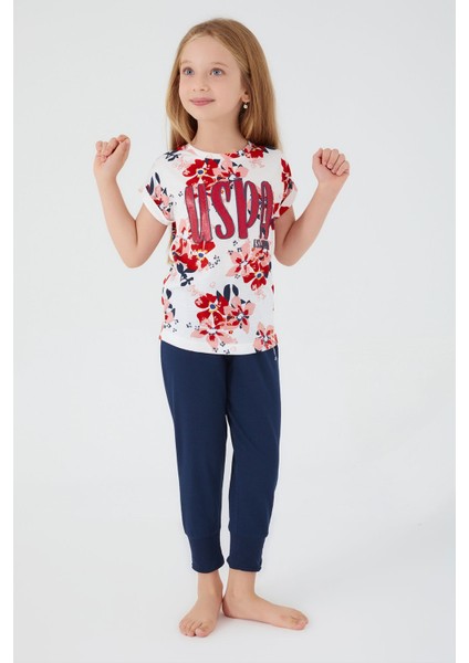 Floral Print Krem Kız Çocuk Kısa Kol Pijama Takım modelleri