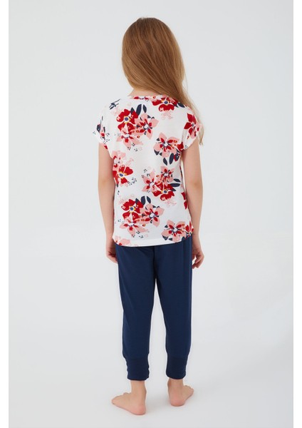 Floral Print Krem Kız Çocuk Kısa Kol Pijama Takım indirimleri