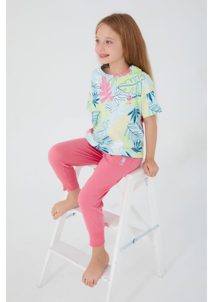 With Leaf Patterns Açık Yeşil Kız Çocuk Kısa Kol Pijama Takım