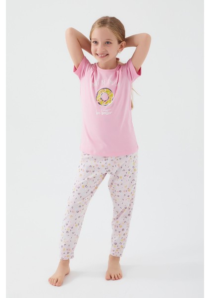 Donut Pattern Pembe Kız Çocuk Kısa Kol Pijama Takım