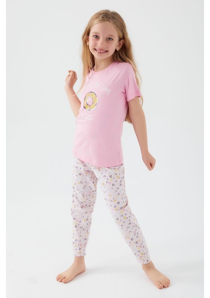 Donut Pattern Pembe Kız Çocuk Kısa Kol Pijama Takım