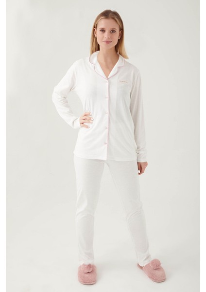 Pıercardın Bayan Yetişkin Gömlek Pijama Takımı Krem