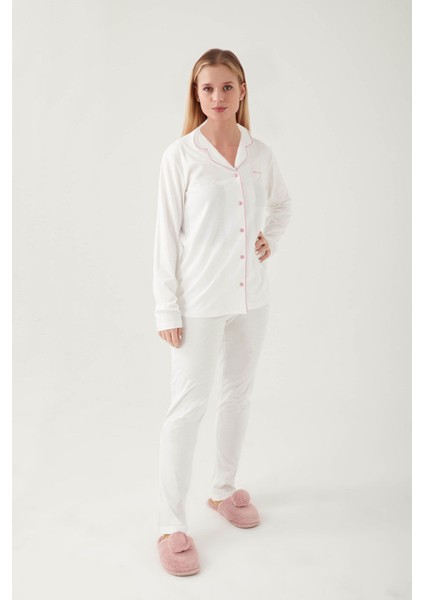 Pıercardın Bayan Yetişkin Gömlek Pijama Takımı Krem