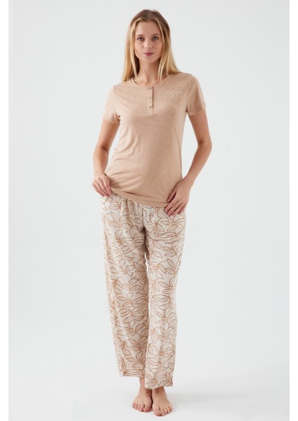 Tropical Vibes Kahve Kadın Kısa Kol Pijama Takım