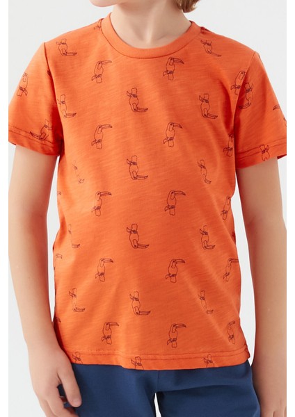 With Bird Pattern Turuncu Erkek Çocuk Bermuda Takım