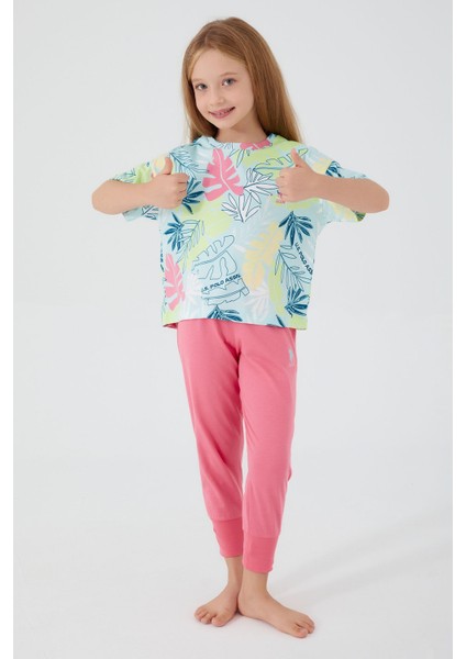 With Leaf Patterns Açık Yeşil Kız Çocuk Kısa Kol Pijama Takım