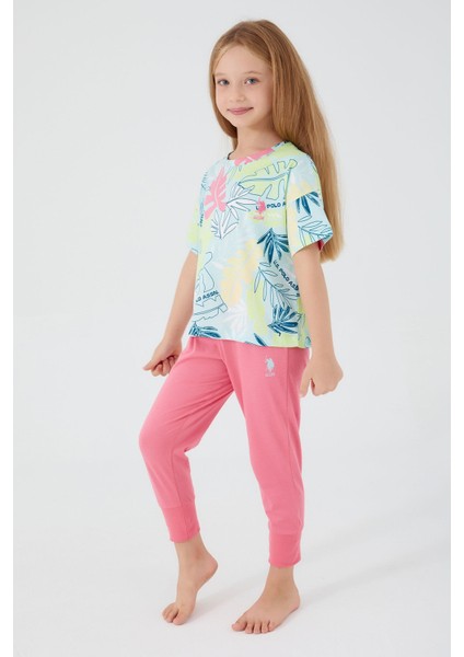 With Leaf Patterns Açık Yeşil Kız Çocuk Kısa Kol Pijama Takım