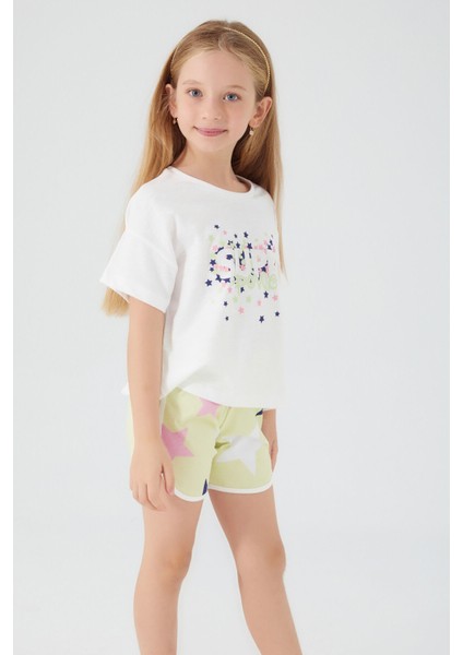 Super Power Krem Kız Çocuk Şort Takım