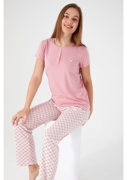 Flowering Pink Gül Kurusu Kadın Kısa Kol Pijama Takım