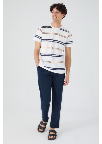 Stripped Krem Erkek Pantolon Şort Tshirt 3lü Takım
