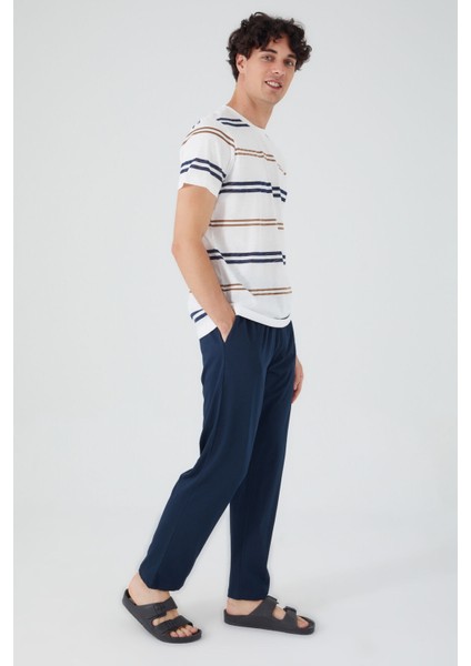 Stripped Krem Erkek Pantolon Şort Tshirt 3lü Takım