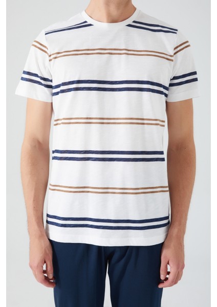 Stripped Krem Erkek Pantolon Şort Tshirt 3lü Takım