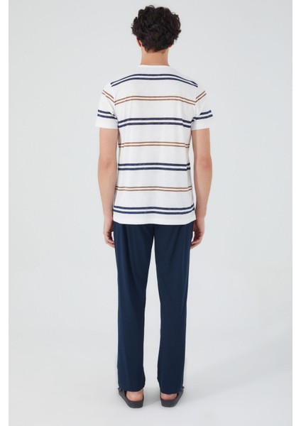 Stripped Krem Erkek Pantolon Şort Tshirt 3lü Takım