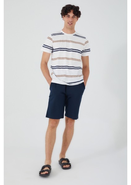 Stripped Krem Erkek Pantolon Şort Tshirt 3lü Takım