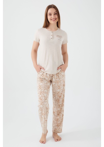 Tropical Vibes Bej Kadın Kısa Kol Pijama Takım