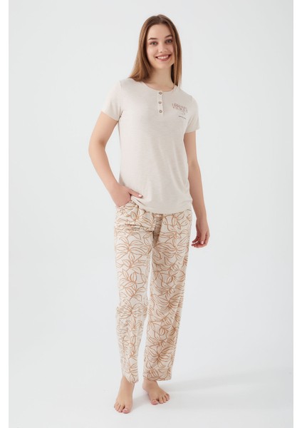 Tropical Vibes Bej Kadın Kısa Kol Pijama Takım fiyatları