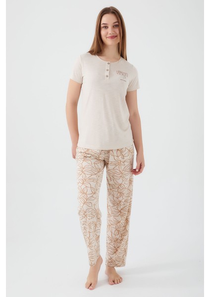 Tropical Vibes Bej Kadın Kısa Kol Pijama Takım modelleri